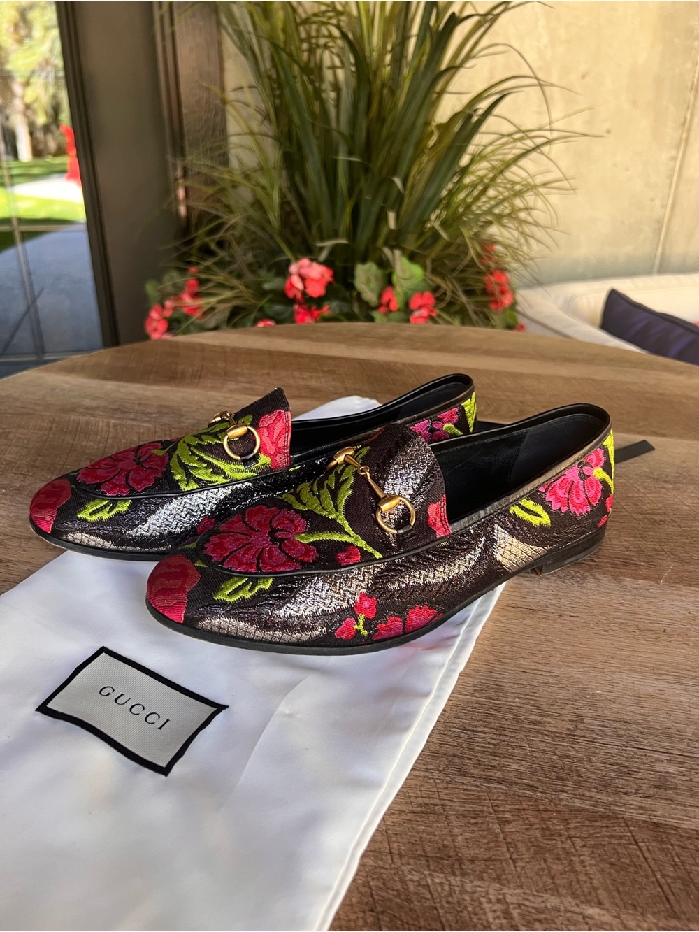 Gucci Floral Brocade Horsebit Metallic Loafers